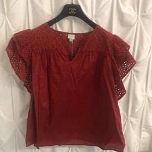 A New Day Women's XXL Eyelet Lace Red Flutter Sleeve Keyhole Neck Blouse